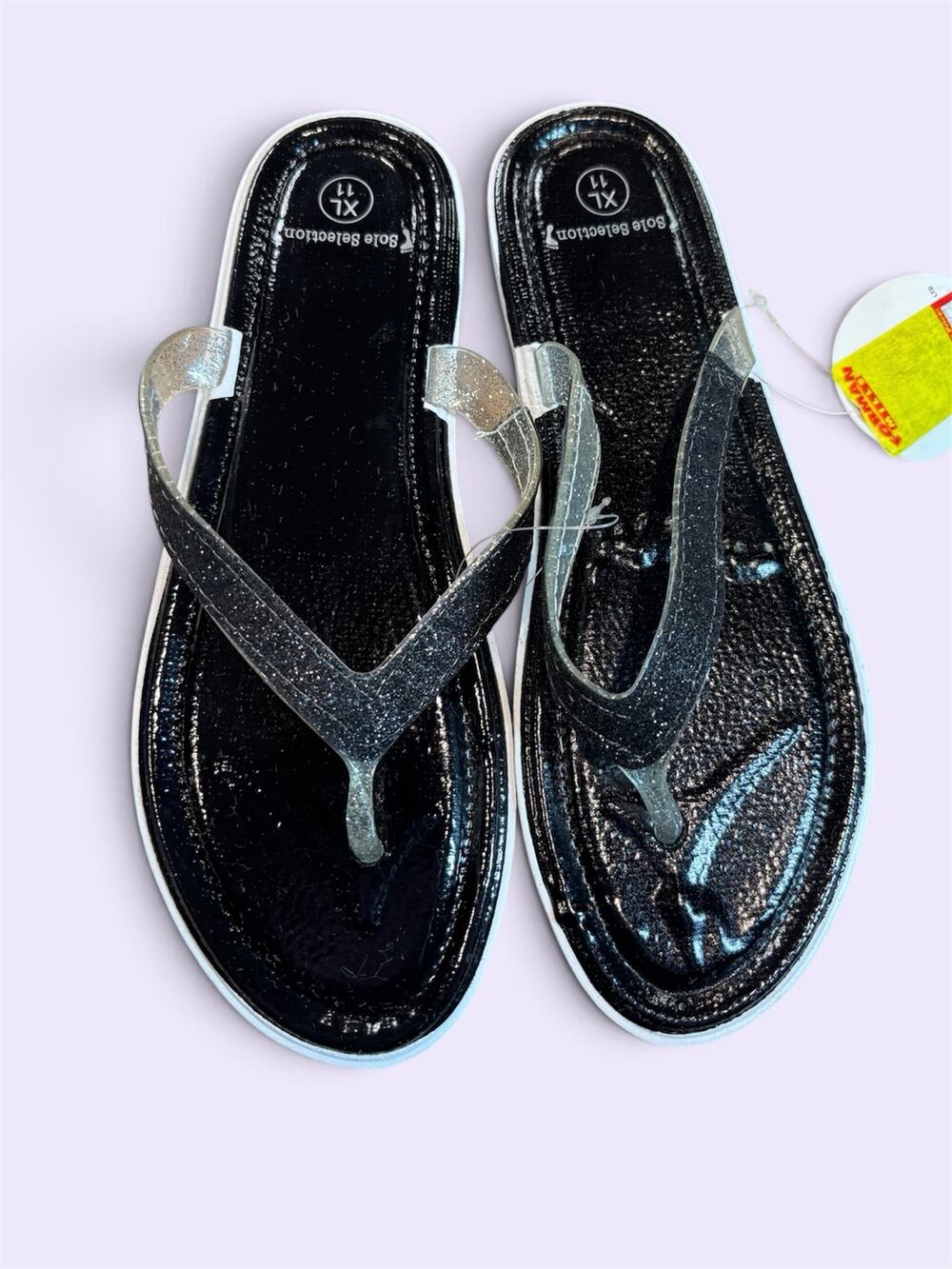 Sole Selection Women’s Size 11 XL Black Silver Glitter Flip Flop Sandals NWT